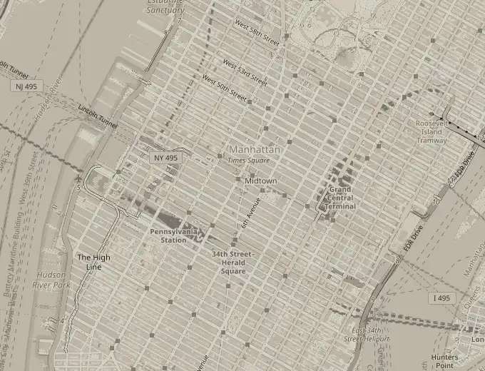 Street map of Midtown Manhattan around the scanned business